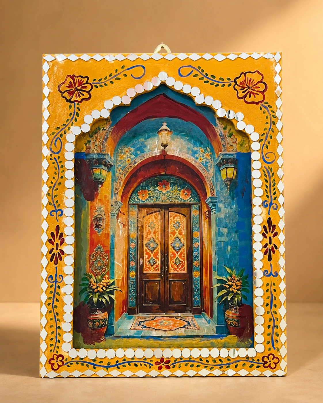 Mughal Jharoka with a yellow floral frame, decorative mirrors and colourful printed door artwork